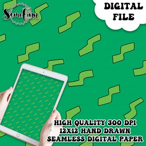 Puede incluir: Un patrón de papel digital con fondo verde y un patrón repetido de zigzags verde lima. El texto "HIGH QUALITY 300 DPI 12X12 HAND DRAWN SEAMLESS DIGITAL PAPER" está en la parte inferior de la imagen.
