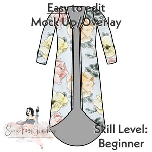 May include: A digital illustration of a long, light blue cardigan with a floral pattern. The cardigan has a V-neck and long sleeves. The floral pattern is in shades of yellow, pink, and green. The text "Easy to edit Mock Up/Overlay" is at the top of the image. The text "Skill Level: Beginner" is at the bottom of the image.