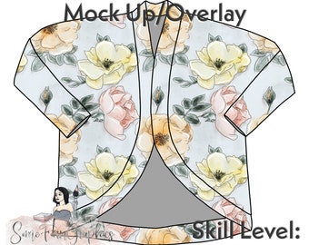 May include: A digital mockup of a light blue cardigan with a floral pattern. The cardigan has a long, open front and long sleeves. The flowers are yellow, pink, and white with green leaves. The text "Easy to edit Mock Up/Overlay" is at the top of the image. The text "Skill Level: Beginner" is at the bottom of the image.