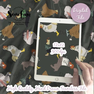 May include: A seamless pattern featuring a repeating design of chickens wearing astronaut suits and other outfits. The background is a dark green colour. The text "Do Not Copy" appears multiple times throughout the pattern. The text "12x12 300dpi" is also included in the pattern. The text "Somefinn Seamless Graphics, Mock Ups Poly Mailers" appears at the top of the pattern. The text "Digital File" appears in a pink box at the top right of the pattern. The text "High Quality, Hand Drawn Seamless File" appears at the bottom of the pattern.