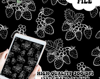 May include: A digital paper pattern featuring a seamless repeat of hand-drawn white strawberries on a black background. The pattern is 12x12 inches and 300 DPI.  "DIGITAL FILE" is written in white text at the top of the image.