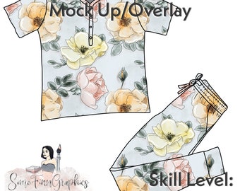 May include: A digital mock-up of a pajama set with a floral print. The set includes a short-sleeved shirt with a button placket and matching pants. The floral pattern features yellow, pink, and green watercolor roses on a light blue background. The text "Easy to edit Mock Up/Overlay" and "Skill Level: Beginner" is included in the image.