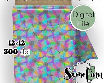 Könnte beinhalten: Eine digitale Datei mit einem nahtlosen, sich wiederholenden Muster aus schillernden Compact Discs in Regenbogenfarben. Das Bild enthält den Text High Quality, Hand Drawn Seamless Repeating File, 12x12, 300 dpi, Digital File und SomeFinn.