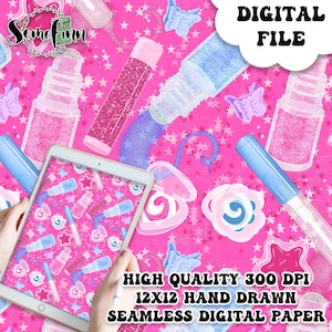 y2k Seamless Pattern Design / bold retro 2000s pattern for fabric or scrapbooking paper / Fun Bright makeup design repeating, Y2k lipgloss