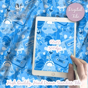 I love the 90s Seamless Pattern Design / 90s toys and snacks / cassette tape, ring pops, Blue fabric or scrapbooking paper