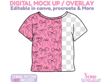 Mockup base di t-shirt in formato PNG per Canva e Procreate, modello di maglietta a maniche corte in vista dall'alto, download immediato per boutique, utilizzo commerciale