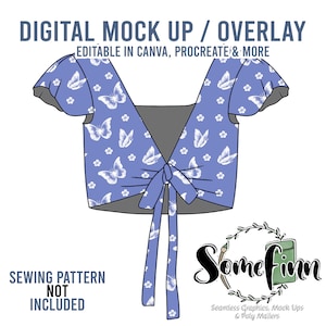 Puede incluir: Una maqueta digital de un top corto azul con estampado de mariposas y flores blancas. El top tiene un nudo en la parte delantera y mangas con volantes. El texto "DIGITAL MOCK UP / OVERLAY" y "EDITABLE IN CANVA, PROCREATE & MORE" está en la parte superior de la imagen. El texto "SEWING PATTERN NOT INCLUDED" está en la parte inferior izquierda de la imagen. El texto "Sometinn Seamless Graphics, Mock Ups & Poly Mailers" está en la parte inferior derecha de la imagen.