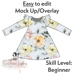 Puede incluir: Una maqueta digital de un vestido azul claro con estampado floral. El vestido tiene mangas largas con volantes en los hombros. El estampado floral presenta rosas amarillas, rosas y verdes. El texto "Easy to edit Mock Up/Overlay" está en la parte superior de la imagen. El texto "Some Finn Graphics" está en la parte inferior izquierda de la imagen. El texto "Skill Level: Beginner" está en la parte inferior derecha de la imagen.