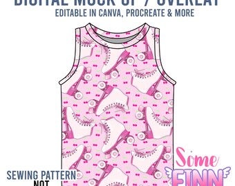 May include: A sleeveless tank top mockup with a pink background featuring a pattern of white roller skates and cherries. The text "DIGITAL MOCK UP / OVERLAY" and "EDITABLE IN CANVA, PROCREATE & MORE" are at the top. The text "SEWING PATTERN NOT INCLUDED" is at the bottom.