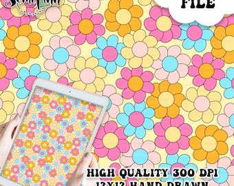 May include: A seamless digital paper pattern featuring a repeating design of colorful flowers with yellow, pink, blue, and orange petals on a light yellow background. The pattern is 12x12 inches and 300 DPI.