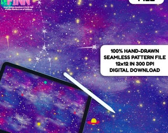 May include: A digital file featuring a hand-drawn seamless pattern with a cosmic theme. The image shows a tablet with a stylus, displaying a galaxy design with stars and planets. The text on the image says "DIGITAL FILE" and "12x12 in 300 DPI DIGITAL DOWNLOAD."
