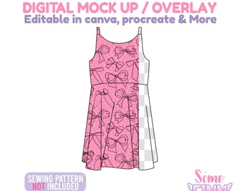 May include: A pink dress design with a bow pattern and white polka dots. The dress is sleeveless with a flared skirt. Text on the image reads "DIGITAL MOCK UP / OVERLAY" and "SEWING PATTERN NOT INCLUDED". The Some Finn logo is in the bottom right corner.