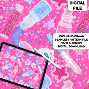 May include: A digital file with a pink background featuring glitter bottles, stars, and butterflies. A tablet with a stylus displays the pattern. The text reads "100% Hand-Drawn Seamless Pattern File 12x12 in 300 DPI Digital Download."