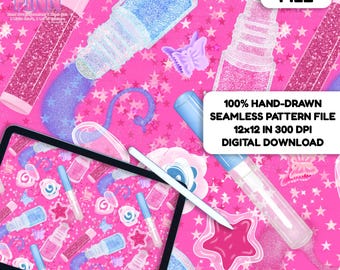 May include: A digital file with a pink background featuring glitter bottles, stars, and butterflies. A tablet with a stylus displays the pattern. The text reads "100% Hand-Drawn Seamless Pattern File 12x12 in 300 DPI Digital Download."