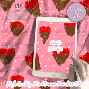 May include: A seamless digital pattern featuring strawberries dipped in chocolate on a pink background with white hearts. The pattern is 12 inches by 12 inches and 300 dpi.