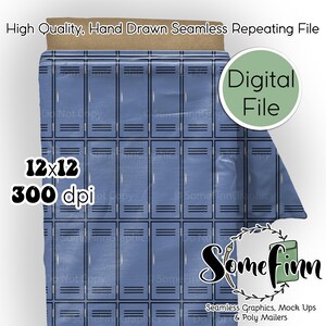 Pode incluir: Um arquivo digital com um padrão repetitivo sem costuras de armários escolares azuis com contornos pretos. A imagem inclui o texto High Quality, Hand Drawn Seamless Repeating File, 12x12, 300 dpi, Digital File e SomeFinn.
