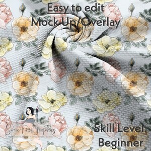 May include: A digital design featuring a white background with a repeating pattern of yellow, pink, and peach roses with green leaves. The text "Easy to edit Mock Up Overlay" is at the top of the design. The text "Same Finn Graphics" is at the bottom left of the design. The text "Skill Level Beginner" is at the bottom right of the design.