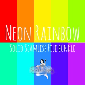 Op de afbeelding: Een digitale afbeelding met verticale strepen in rood, oranje, geel, limoengroen, cyaan, blauw en paars. De tekst luidt NEON RAINBOW SOLID SEAMLESS FILE BUNDLE. Onderaan staat een kleine illustratie van een persoon met een penseel.