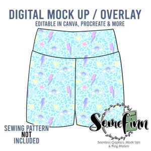 May include: Digital mock-up of a pair of blue shorts with a colorful pattern of rainbows, hearts, stars, and lightning bolts. The pattern is on a light blue background with a leopard print overlay. The text "DIGITAL MOCK UP / OVERLAY" is at the top of the image. The text "EDITABLE IN CANVA, PROCREATE & MORE" is below the first line of text. The text "SEWING PATTERN NOT INCLUDED" is at the bottom left of the image. The text "Somefinn Seamless Graphics, Mock Ups & Poly Mailers" is at the bottom right of the image.