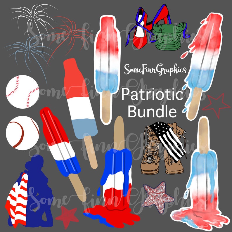 May include: A digital clipart bundle with a patriotic theme. The bundle includes images of red, white, and blue popsicles, baseballs, stars, a pair of boots with an American flag, and a silhouette of a person holding an American flag.