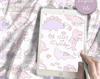 Dinosaur Colorful Digital Paper - Seamless cute dino Pattern, Pastel pink purple Fabric, Printable Scrapbook paper download