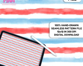 May include: A digital file featuring a hand-drawn seamless pattern with red and blue watercolor stripes. The image includes a tablet displaying a similar striped pattern and a stylus. Text on the image reads "DIGITAL FILE" and "100% HAND-DRAWN SEAMLESS PATTERN FILE 12x12 IN 300 DPI DIGITAL DOWNLOAD."