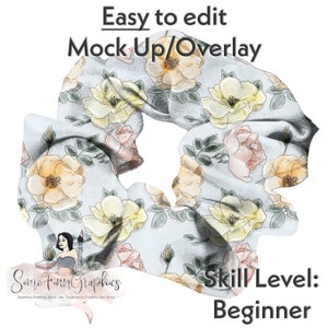 May include: A floral design mock-up with yellow, peach, and pink roses on a light gray background. The text "Easy to edit Mock Up/Overlay" and "Skill Level: Beginner" are displayed. The logo for Some Finn Graphics is also visible.