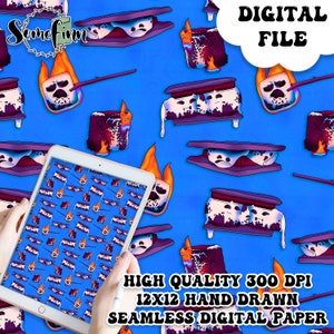 May include: Digital file featuring a repeating pattern of cartoon s'mores on a blue background. The s'mores have a sad expression and are either toasted or melting. The image also includes text that says "DIGITAL FILE".