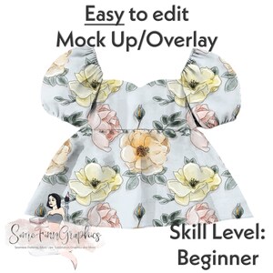 Könnte beinhalten: Ein Mockup eines hellblauen Kleides mit Blumenmuster. Das Kleid hat einen herzförmigen Ausschnitt und kurze Puffärmel. Die Blumen sind gelb, rosa und grün. Der Text "Easy to edit Mock Up/Overlay" befindet sich oben im Bild. Der Text "Some Finn Graphics" befindet sich unten im Bild. Der Text "Skill Level: Beginner" befindet sich unten rechts im Bild.