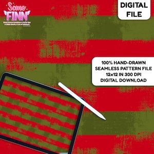 May include: Digital file with a hand-drawn seamless pattern. The design features red and olive green horizontal stripes. The text on the image reads "100% Hand-Drawn Seamless Pattern File 12x12 in 300 DPI Digital Download."