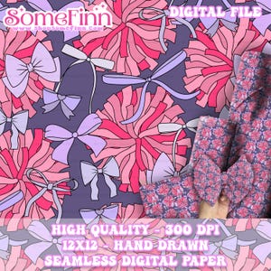 Cheer pom poms and bows Digital Paper, Seamless Pattern, Cheerleader Fabric download, Sports Dance Digital Scrapbook Paper