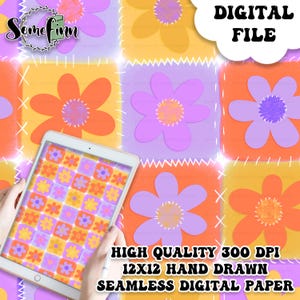 Retro Gänseblümchen Nahtloses Muster, Patchwork Blumen-Digitalpapier, Groovy Blumenstoffdruck, 70er Jahre Gänseblümchen PNG, schwimmen sicher nahtlos