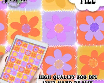 Retro Daisy Seamless Pattern, Patchwork Flower Digital Paper, Groovy Floral Fabric Print, 70s Daisy PNG, swim safe seamless
