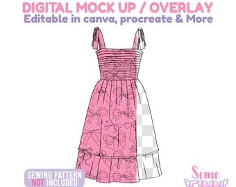 May include: A pink dress design with bow patterns and white polka dots. The dress has a ruffled hem and a white checkered panel. Text includes "DIGITAL MOCK UP / OVERLAY" and "SEWING PATTERN NOT INCLUDED".