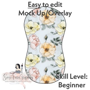 May include: A digital design featuring a seamless pattern of watercolor roses in shades of pink, yellow, and white on a light blue background. The design is labeled "Easy to edit Mock Up/Overlay" and "Skill Level: Beginner".