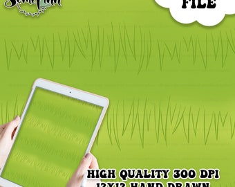 May include: A digital paper with a seamless pattern of green grass drawn in a hand-drawn style. The text "DIGITAL FILE" is in a white speech bubble at the top right corner of the image. The text "HIGH QUALITY 300 DPI 12X12 HAND DRAWN SEAMLESS DIGITAL PAPER" is at the bottom of the image.