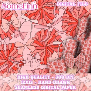 Cheer pom poms and bows Digital Paper, Seamless Pattern, Cheerleader Fabric download, Sports Dance Digital Scrapbook Paper