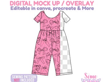 May include: A digital mock up of a short-sleeve jumpsuit featuring a pink background with a white polka dot and black bow pattern. The text reads: DIGITAL MOCK UP / OVERLAY Editable in canva, procreate & More. SEWING PATTERN NOT INCLUDED. Some FINN.