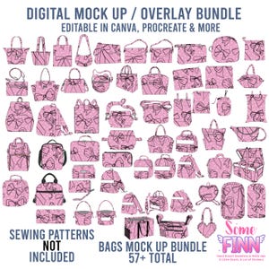 May include: A digital mock up and overlay bundle featuring 57+ pink bags with a black bow and white polka dot pattern. The text reads: DIGITAL MOCK UP / OVERLAY BUNDLE, EDITABLE IN CANVA, PROCREATE & MORE, SEWING PATTERNS NOT INCLUDED, BAGS MOCK UP BUNDLE 57+ TOTAL, Some FINN.