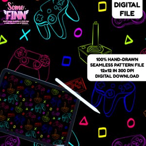 Neon Video Game Seamless Pattern, Retro Gamer Digital File, Arcade Controller Fabric Design PNG