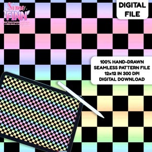 May include: A digital file featuring a checkerboard pattern in black, pink, blue, and yellow. A tablet displays the same pattern, with a white stylus resting on it. Text on the image reads "DIGITAL FILE" and "100% HAND-DRAWN SEAMLESS PATTERN FILE 12x12 IN 300 DPI DIGITAL DOWNLOAD."