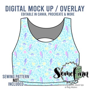 May include: A digital mock-up of a light blue sports bra with a rainbow, lightning bolt, and heart pattern. The text "DIGITAL MOCK UP / OVERLAY" is at the top of the image. The text "EDITABLE IN CANVA, PROCREATE & MORE" is below the text "DIGITAL MOCK UP / OVERLAY". The text "SEWING PATTERN NOT INCLUDED" is at the bottom left of the image. The text "Some finn" is at the bottom right of the image. The text "Seamless Graphics, Mock Ups & Poly Mailers" is below the text "Some finn".