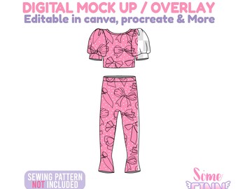 May include: Pink two-piece outfit with a bow pattern. The top has short, puffy sleeves, and the pants are leggings style. The image includes the text "DIGITAL MOCK UP / OVERLAY" and "SEWING PATTERN NOT INCLUDED".