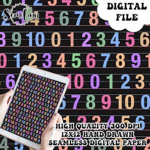 Puede incluir: Un diseño de papel digital con un patrón sin costuras de números coloridos sobre un fondo negro. Los números están dispuestos en filas y columnas, con cada fila comenzando con el número 0 y terminando con el número 9. Los números son de varios colores, incluyendo rosa, azul, verde, naranja y amarillo. El texto "HIGH QUALITY 300 DPI 12X12 HAND DRAWN SEAMLESS DIGITAL PAPER" está en la parte inferior de la imagen.