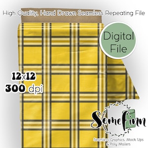May include: A digital file featuring a hand-drawn yellow, black, and white plaid pattern. The image includes the text High Quality, Hand Drawn Seamless Repeating File, 12x12, 300 dpi, Digital File, and Somefinn Seamless Graphics & Poly Mailers.