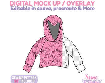 Bluza z kapturem Crop Mock Up Overlay dla dzieci, ładna, pusta bluza, cyfrowy PNG, można używać w szablonie Canva Procreate Boutique