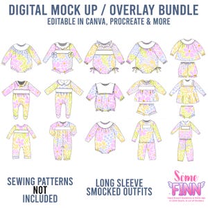Smocked Long Sleeve Outfits Mock-Up Bundle / Variety Dress Romper Mockup / Digital Mock up for clothing - baby toddler kids / PNG / 15 Mocks