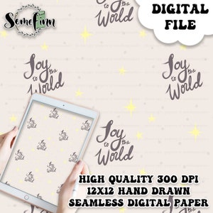 May include: A digital paper design featuring a seamless pattern of the phrase "Joy to the World" in a handwritten style, with yellow stars on a light beige background. The design is 12 inches by 12 inches and 300 DPI.