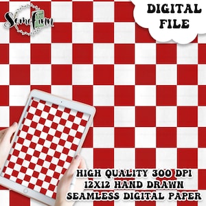 May include: A digital paper design featuring a red and white checkered pattern. The pattern is seamless and can be used for a variety of crafting projects. The digital paper is 12x12 inches and 300 DPI.