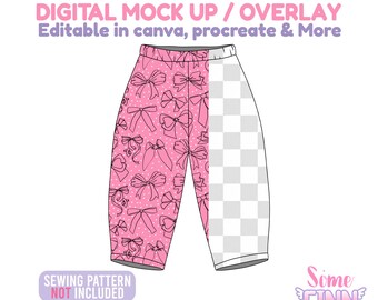 May include: A digital mock up of pants featuring a pink background with a white polka dot and black outline bow pattern on the left side, while the right side is a transparent checkerboard. Text reads: DIGITAL MOCK UP / OVERLAY, SEWING PATTERN NOT INCLUDED.